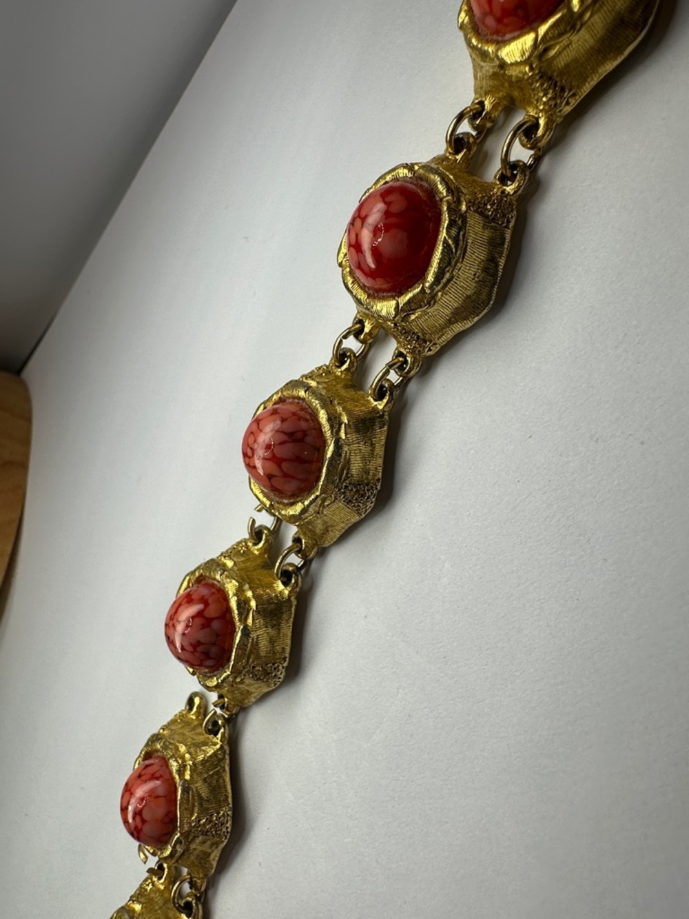 Vintage Czech Glass Bracelet For Repair with Red Marbled Glass Cabochons - Picture 6 of 15